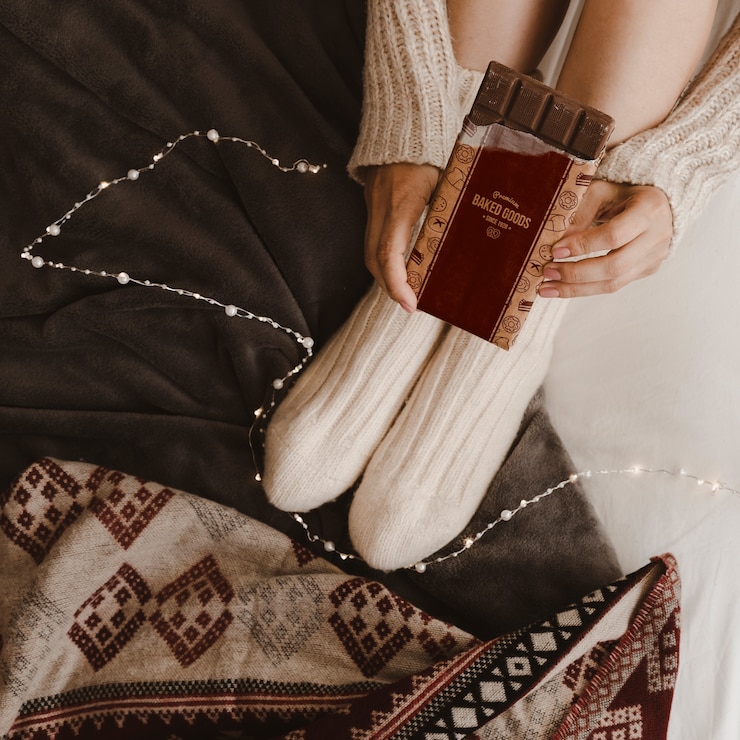 PSD autumn mockup with woman on bed