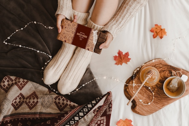 PSD autumn mockup with woman on bed