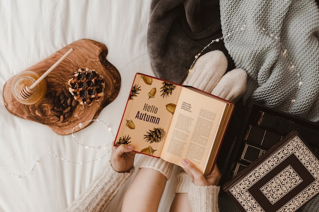 PSD autumn mockup with woman on bed