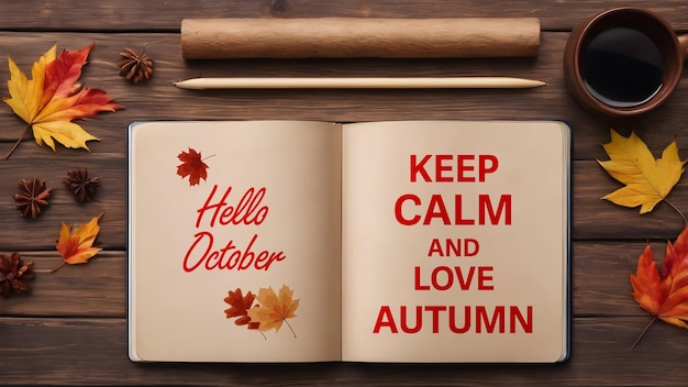 PSD autumn notebook at wooden background with falling leaves hello october psd