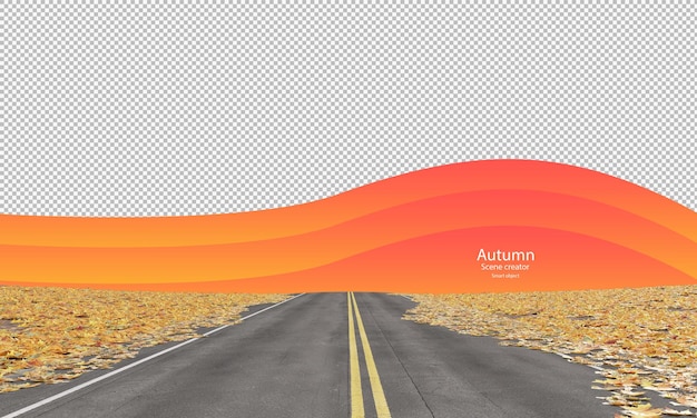 Autumn road with autumn leaves clipping path straight road