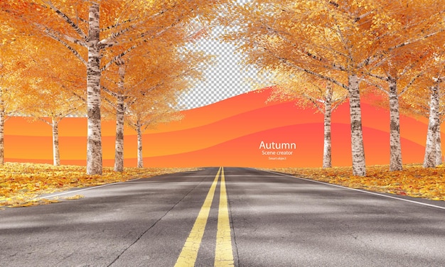 Autumn road with autumn trees and dry leaves autumn scene creator birch in autumn