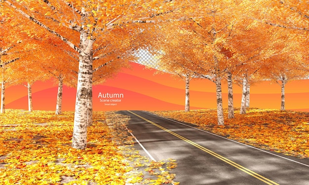 PSD autumn road with autumn trees and dry leaves autumn scene creator birch in autumn