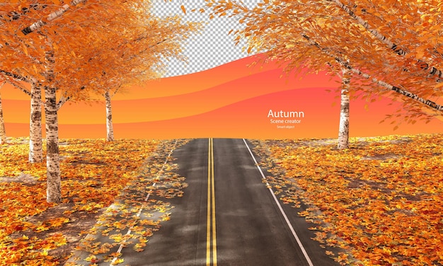 PSD autumn road with autumn trees and dry leaves autumn scene creator birch in autumn