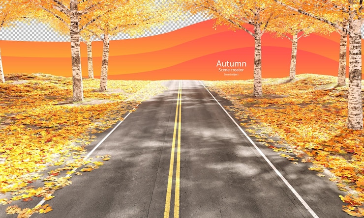 PSD autumn road with autumn trees and dry leaves autumn scene creator birch in autumn