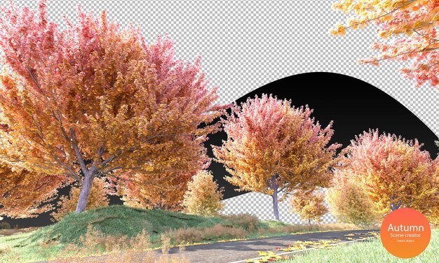 PSD autumn road with autumn trees and dry leaves autumn scene creator green grass