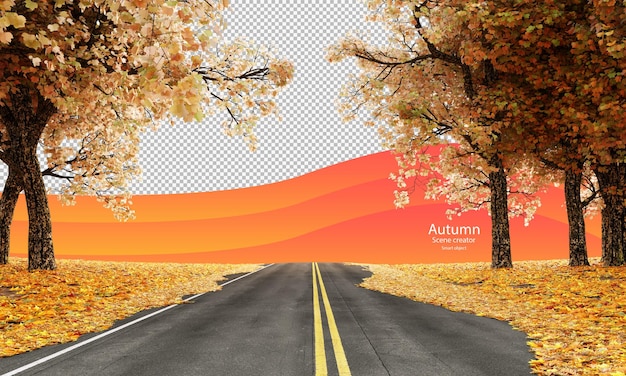 PSD autumn road with autumn trees and dry leaves autumn scene creator