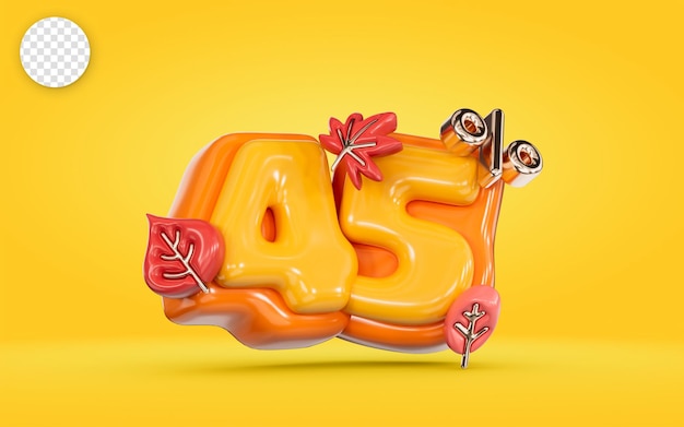 Autumn sale banner 45 percent discount number with maple leaf on yellow background 3d render