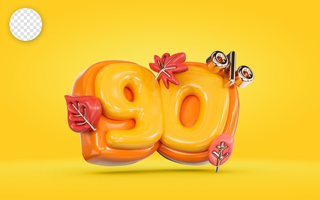 Banner di vendita autunnale numero di sconto del 90 percento con foglia d'acero su sfondo giallo rendering 3d