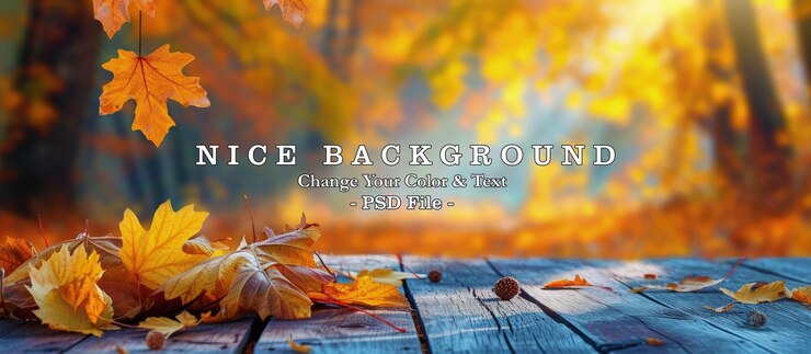 PSD autumn scenery with yellow leaves on a wooden board blur background generated ai image