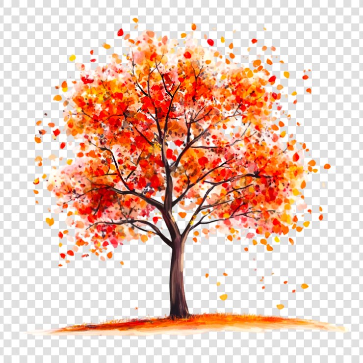 PSD autumn tree with falling leaves watercolor illustration