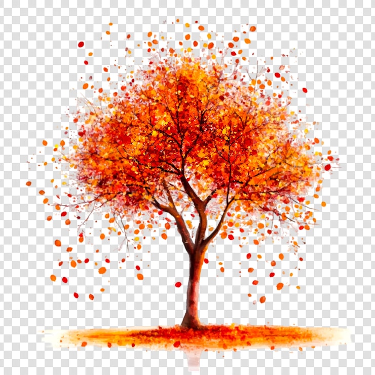 PSD autumn tree with falling leaves watercolor illustration