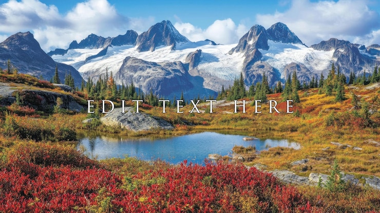 PSD autumnal alpine lake reflecting snowcapped mountains under a vibrant sky