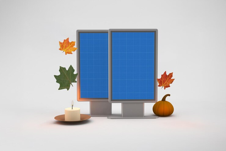 PSD autumnal billboard mockup with leaves pumpkin and candle