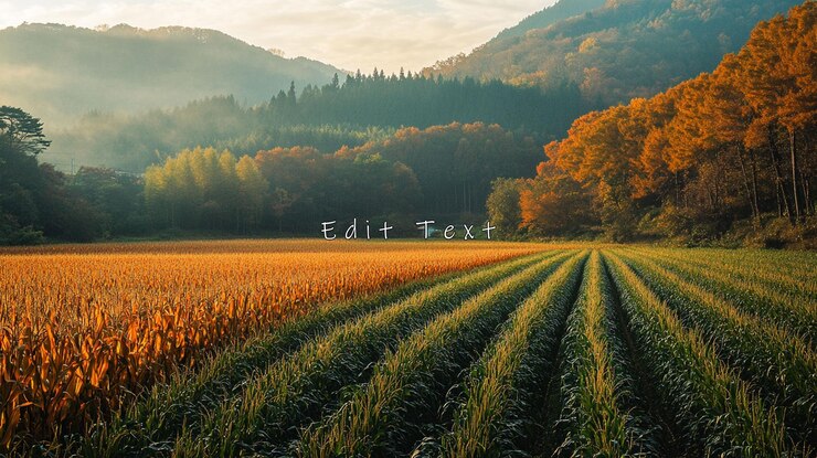 PSD autumnal farmland with cornfield and rows of plants at sunrise misty mountains in the background