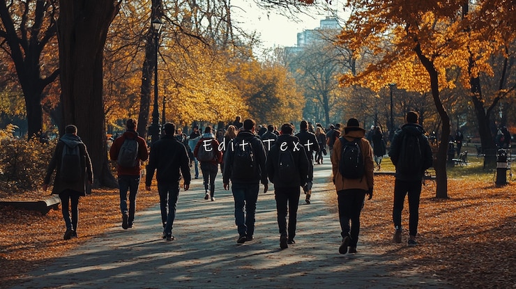 PSD autumnal park path with people walking