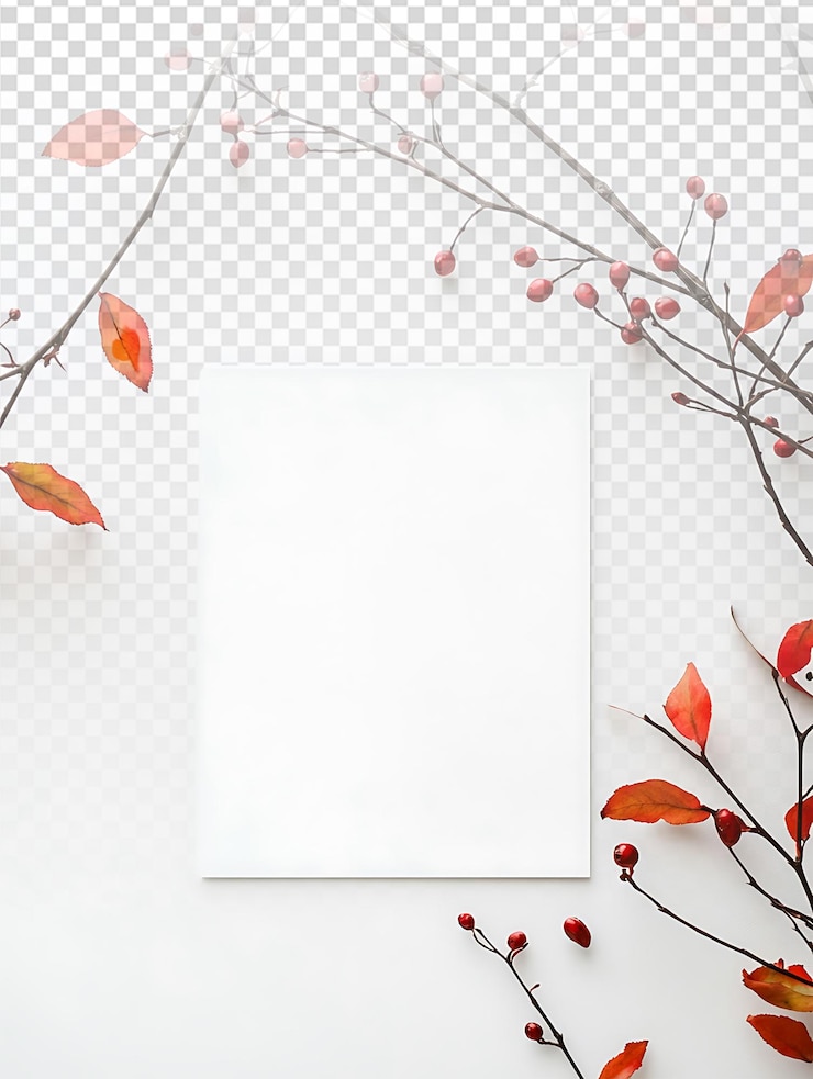 PSD autumninspired blank card with rowan twig mockup