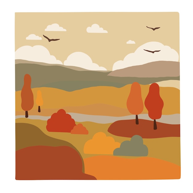 autumnthemed illustration featuring mountains trees and leaves in warm hues for seasonal decor