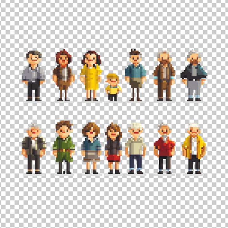 PSD avatar pixel characters of seniors and kids on transparent background