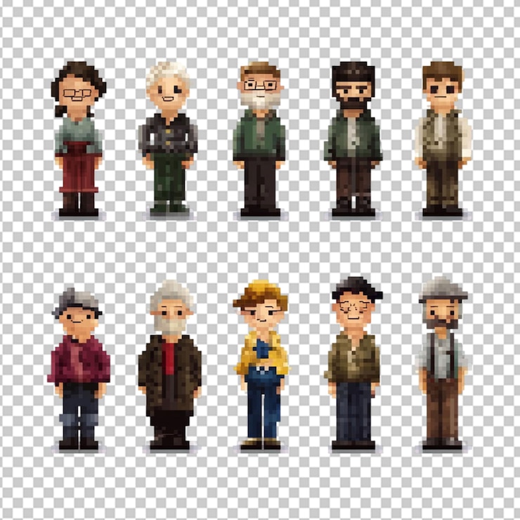 PSD avatar pixel characters of seniors and kids on transparent background