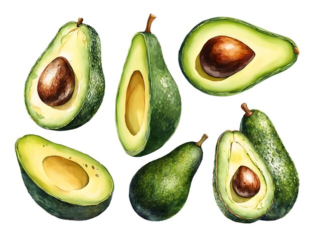 PSD avocado watercolor illustration set