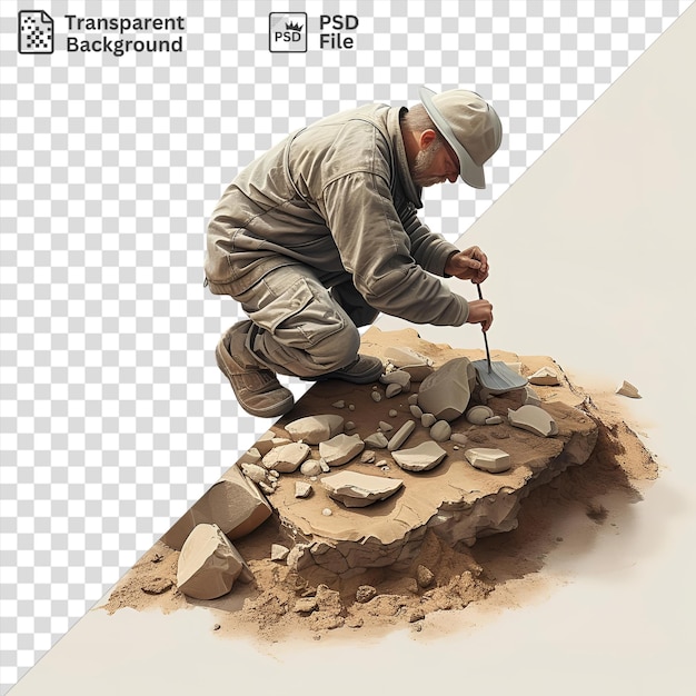 PSD awesome 3d archaeologist uncovering relics from the past a man stands amidst a pile of rocks wearing a white hat and brown pants with a hand visible in the foreground