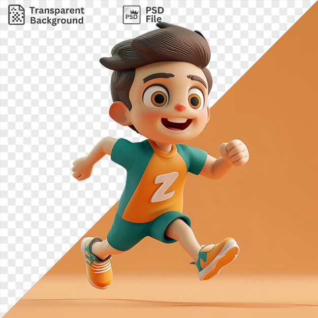 Awesome 3d athlete cartoon competing in a race with a white hand and extended arm wearing a blue and green shirt and blue and green shorts with a black eyebrow and eye and a