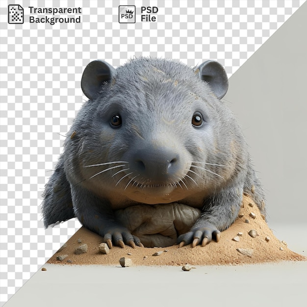 PSD awesome 3d cartoon wombat digging a burrow with its gray head and black nose visible while its brown and black eyes gaze out towards the camera