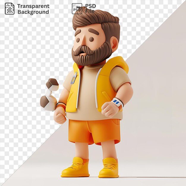 Awesome 3d coach cartoon training an athlete in a yellow vest and orange shorts with brown hair and a black and brown face stands in front of a white wall he holds a white toy and