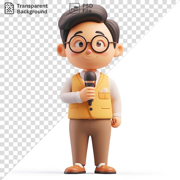 Awesome 3d journalist cartoon reporting news on a microphone wearing a yellow vest black hat and black glasses with a toy and small hand visible in the foreground the journalists features