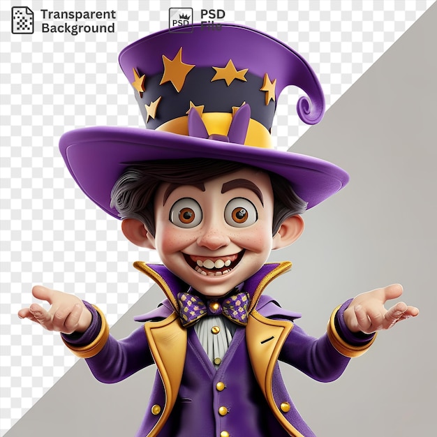 PSD awesome 3d magician cartoon performing mind boggling tricks with a purple hat and gold buttons while showcasing their unique features including a large nose brown eyes and a hand