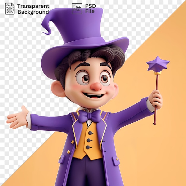 Fantastico mago 3d di cartoni animati che esegue trucchi con un cappello viola blu e pantaloni viola e un naso rosa mentre tiene in mano una stella blu e viola