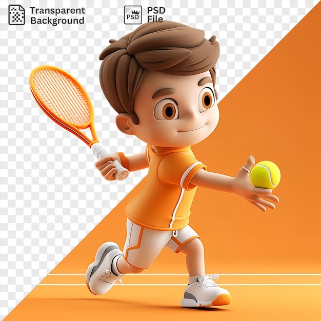 Awesome 3d tennis player cartoon acing a serve with a yellow and orange racket wearing white shorts and shoes and sporting brown hair and eyes the players white hand grips the rack