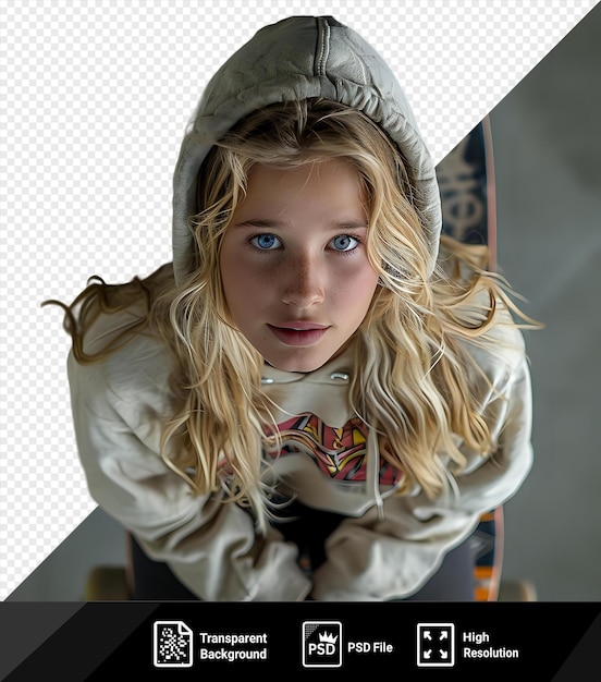 PSD awesome a blonde girl on a skateboard with blue eyes and a small nose wearing a white shirt and black pants stands in front of a gray wall png