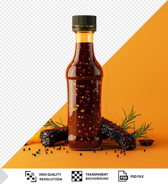 PSD awesome bbq sauce bottle on a yellow background accompanied by a green plant and a black top png psd