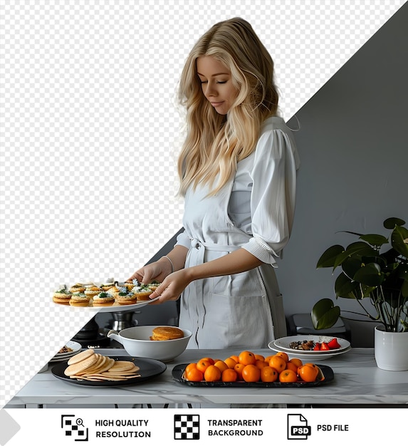 PSD awesome blonde woman serving a table for breakfast with a white bowl and plate surrounded by a green plant and a white wall wearing a gray and white apron and with long blond hair png psd