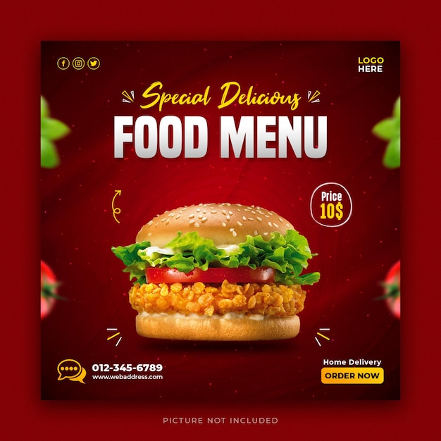 Fantastico design promozionale per post sui social media di hamburger