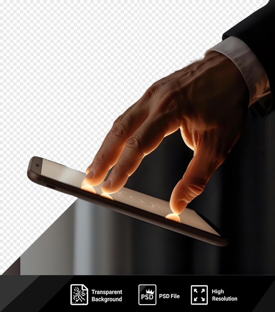 PSD awesome business man in black suit using and touch screen display on cell phone while standing in front of a black curtain with a white hand and finger visible in the foreground png