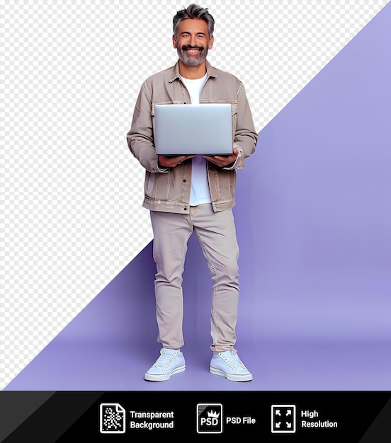 PSD awesome cheerful mature male standing with the laptop outdoors wearing a tan and brown jacket gray pants and white shoes with gray hair and a hand visible in the foreground png