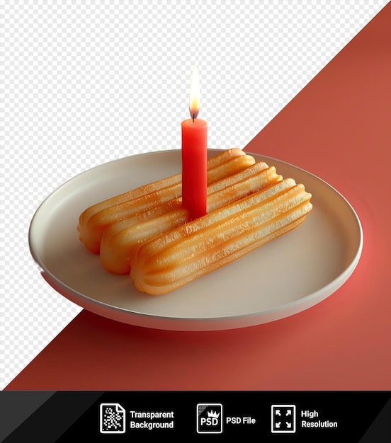 Churros fantastici riempimento e decorazione della torta con dulce de leche con una candela su un piatto bianco vista anteriore png psd