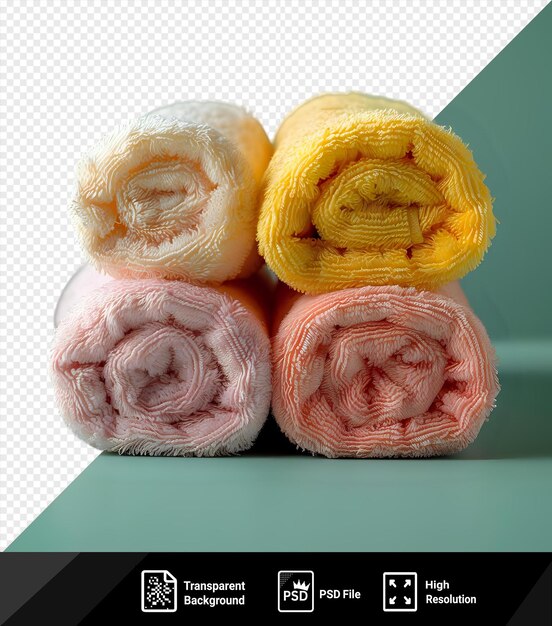 Awesome close up shot of three rolled towels copy space for text png