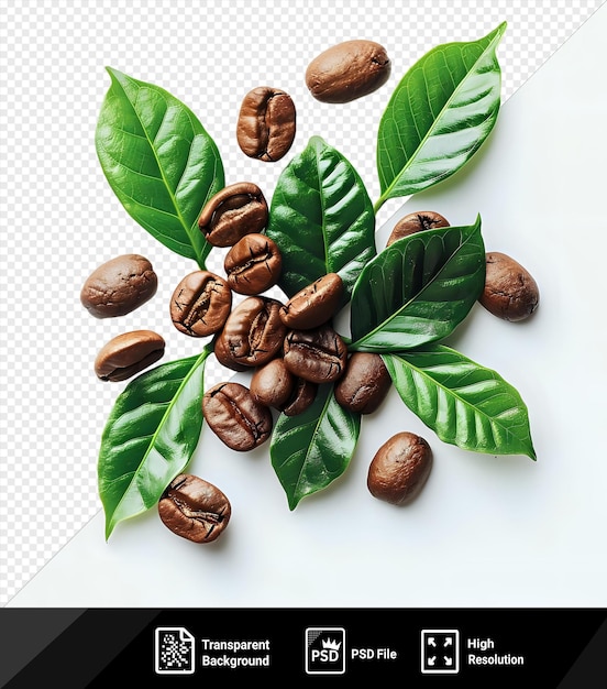 Awesome coffee beans with green leaves isolated to emphasize their freshness png psd