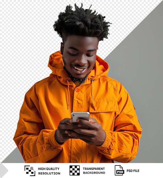 Awesome communication in a man with curly black hair and a big nose smiles while holding a cell phone in his hand standing in front of a white wall he wears a yellow and orange jacket with png psd