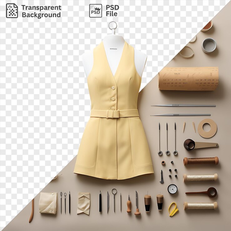 PSD awesome custom tailoring and sewing set displayed on a transparent background adorned with a yellow flower silver scissors and a white necklace