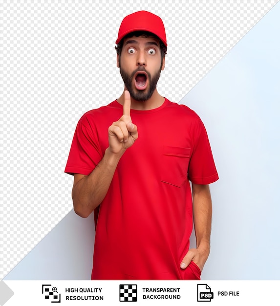 PSD awesome delivery man employee red cap looking camera surprised showing index finger having greidea