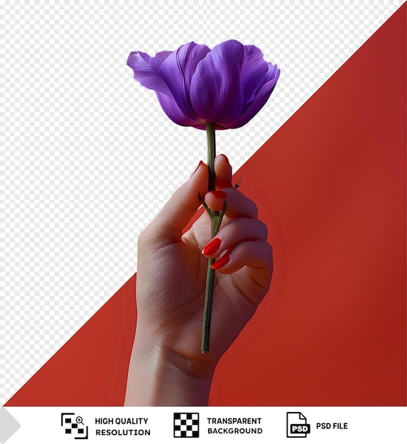 PSD awesome female hand holding a purple flower with a green stem against a red wall png