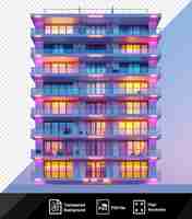 PSD awesome front view of a residential building with illuminated apartments against a clear blue sky png