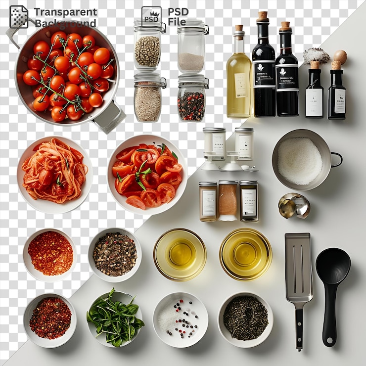 PSD awesome gourmet italian cooking set featuring a variety of bowls and utensils including a black spoon white and red bowls a glass bottle and a small white bowl all