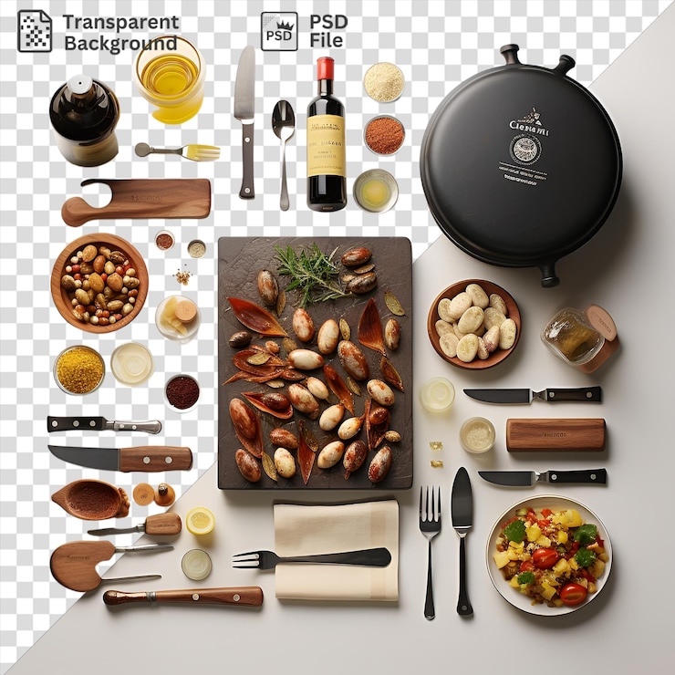 PSD awesome gourmet spanish cooking set featuring a variety of ingredients and utensils on a transparent background the set includes a brown bowl silver knife black and silver knife silver fork