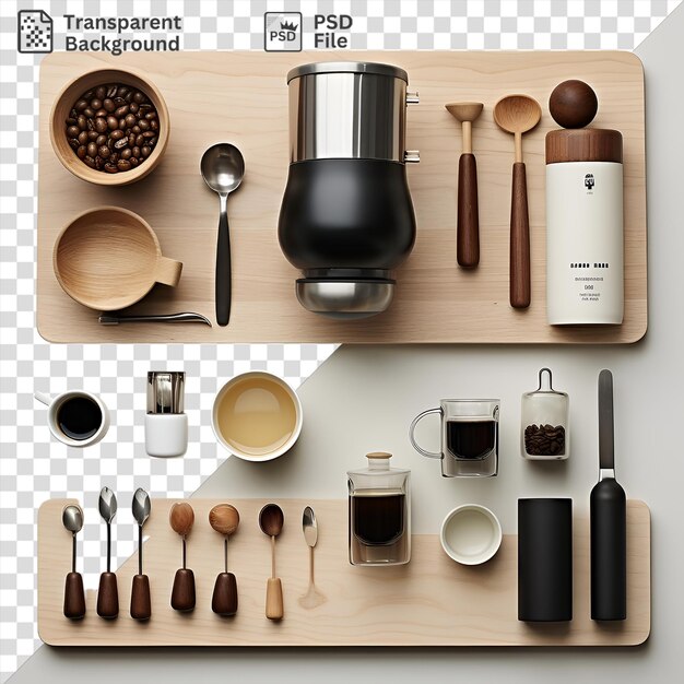PSD awesome home espresso bar set featuring a variety of utensils including silver and wood spoons a black knife and a wood spoon arranged on a wooden tray with a white